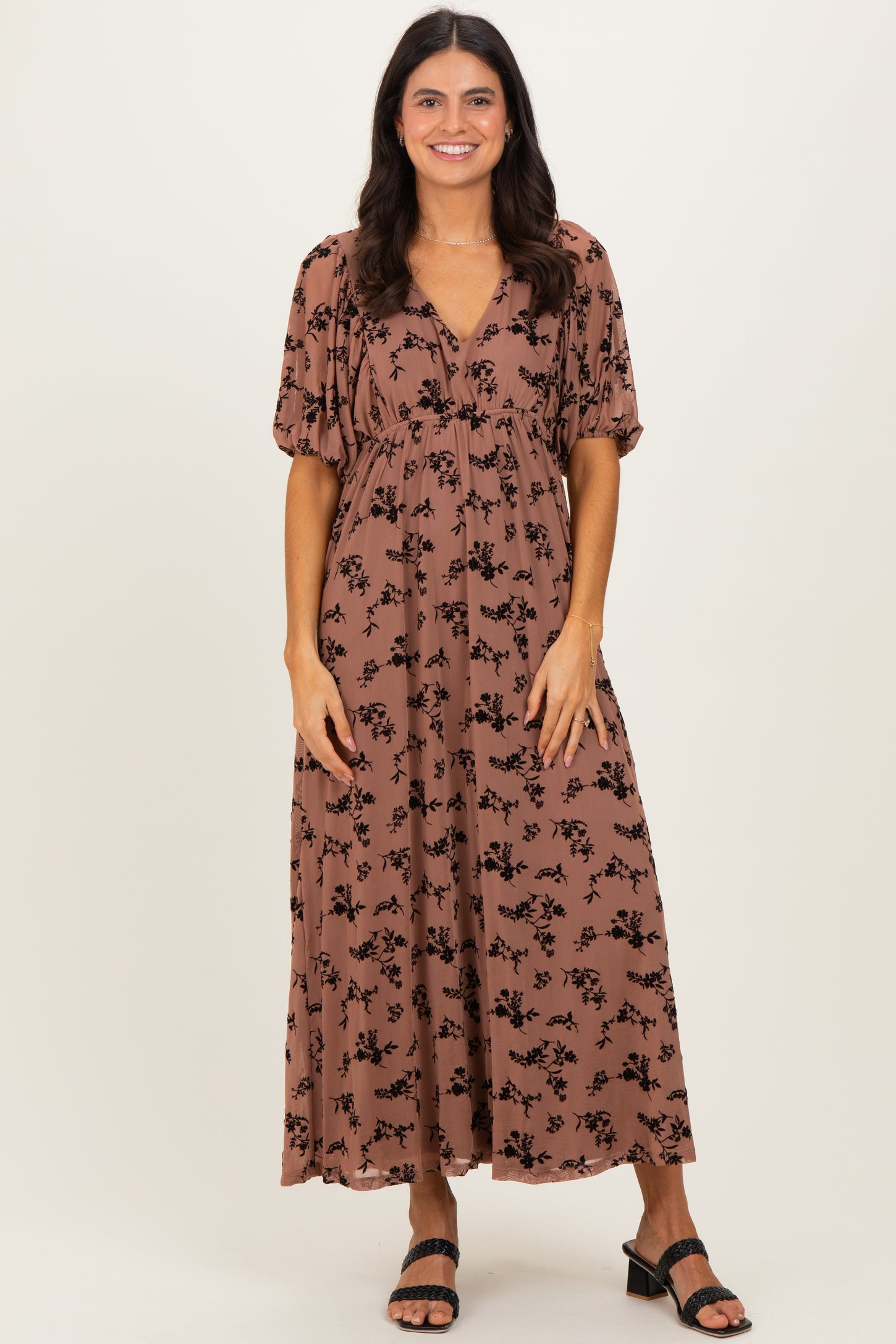 Mocha/Brown Floral Mesh 3/4 Sleeve V-Neck Maxi Dress