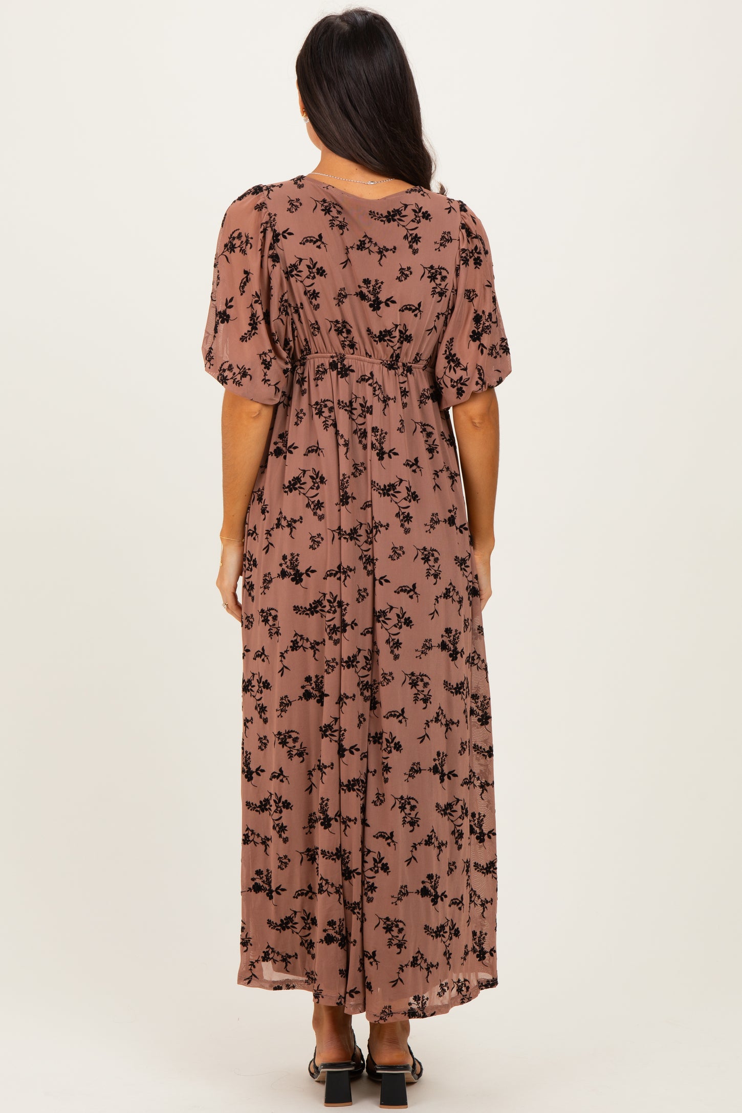 Mocha/Brown Floral Mesh 3/4 Sleeve V-Neck Maxi Dress