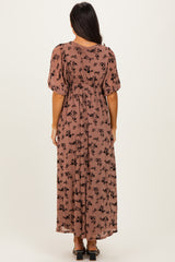 Mocha/Brown Floral Mesh 3/4 Sleeve V-Neck Maxi Dress