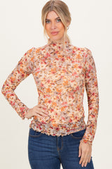 Taupe Floral Mesh Mock Neck Long Sleeve Top