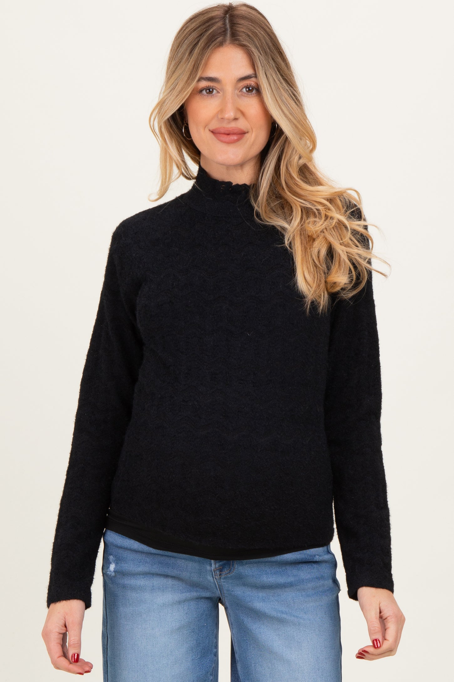Black Mock Neck Long Sleeve Brushed Lace Maternity Top