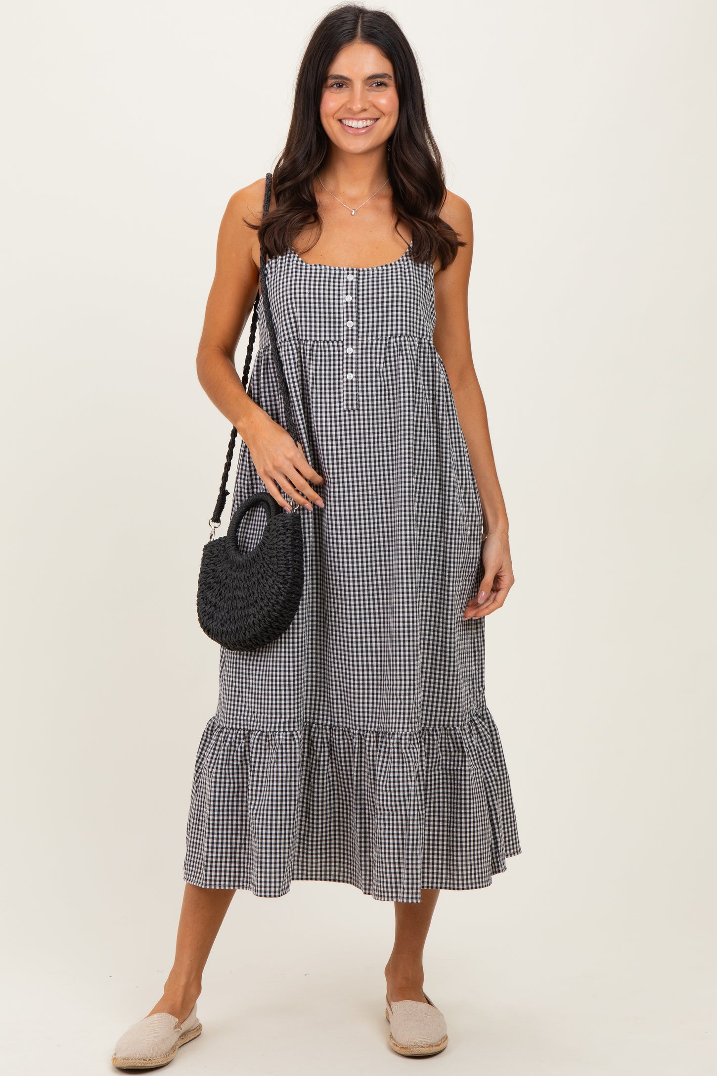 Black Gingham Sleeveless Maternity Midi Dress