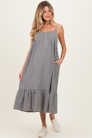 Black Gingham Sleeveless Maternity Midi Dress