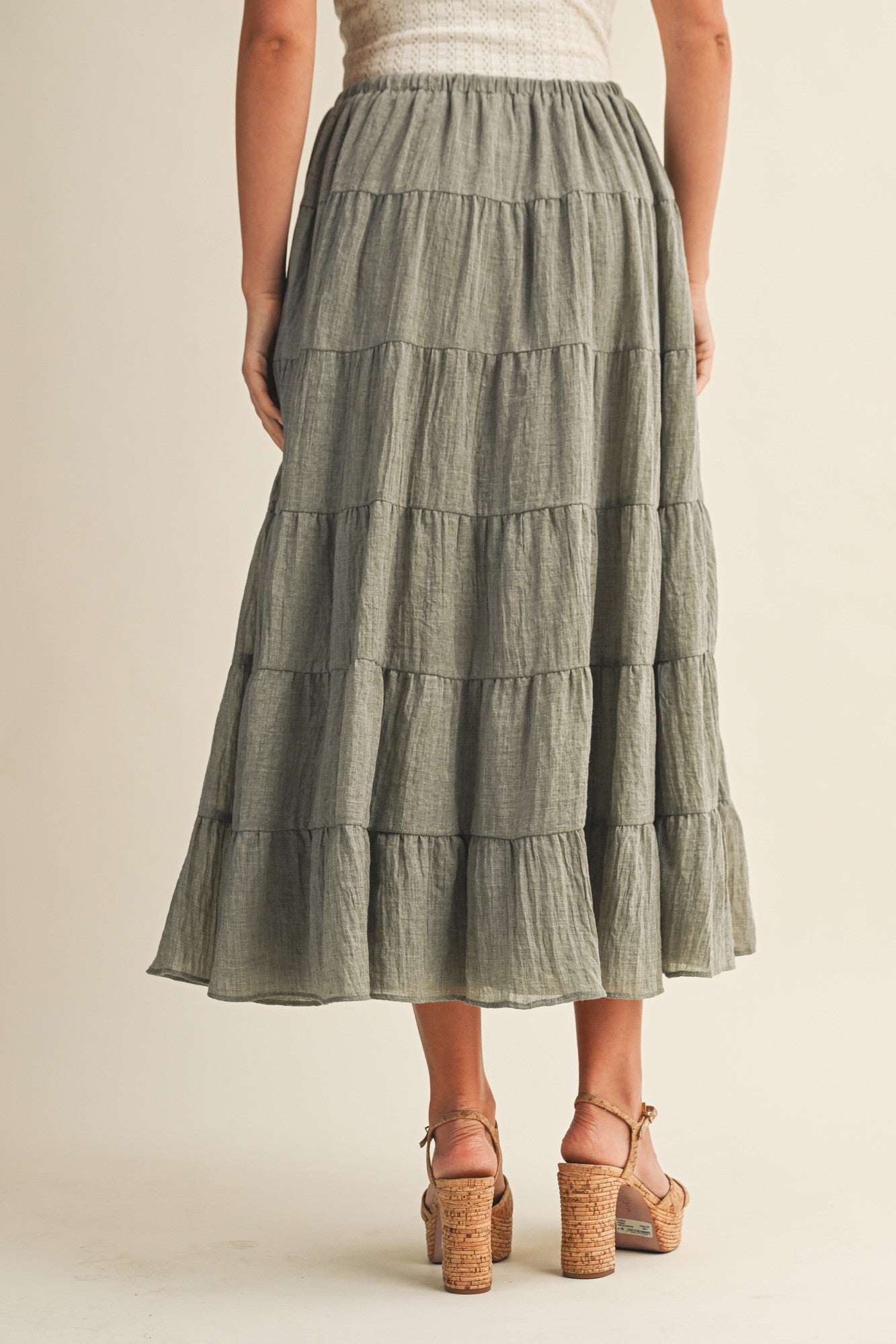 Light Olive Tiered Drawstring Maxi Skirt