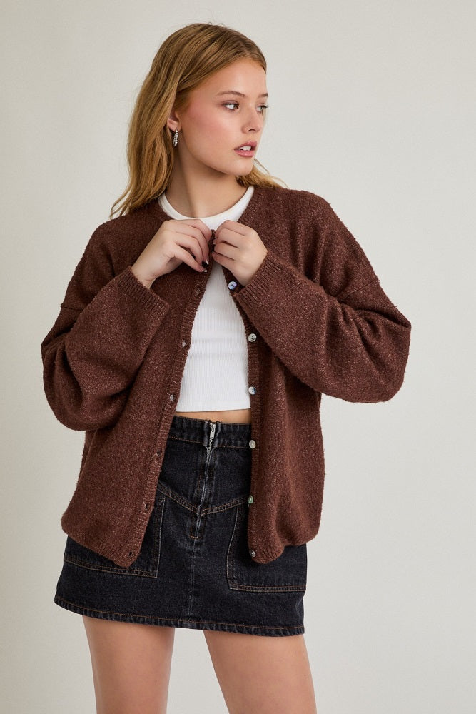 Brown Classic Crew Neck Button Cardigan