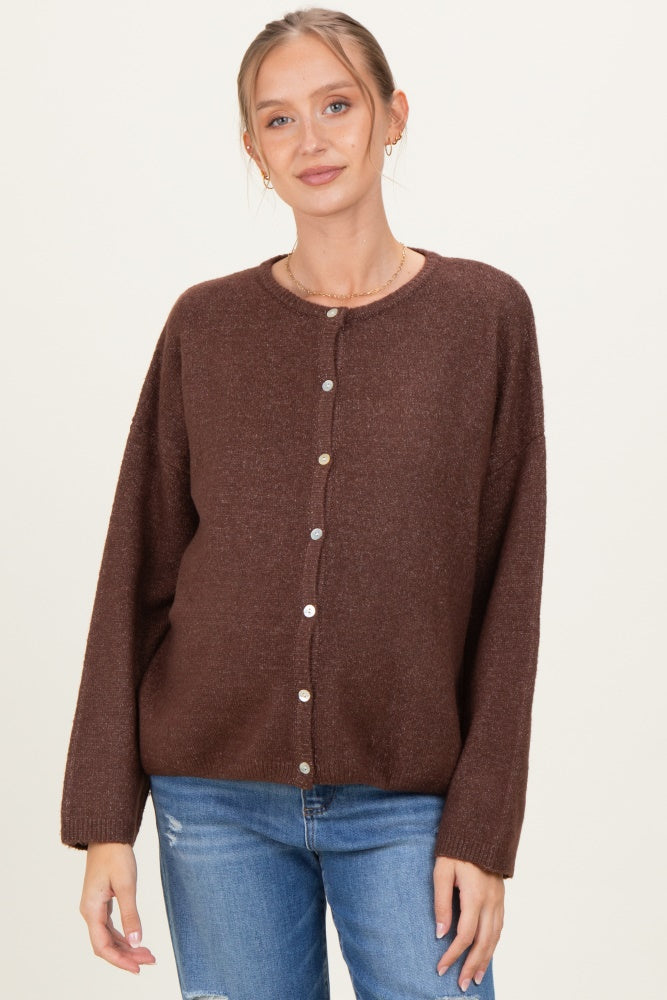 Brown Classic Crew Neck Maternity Button Cardigan