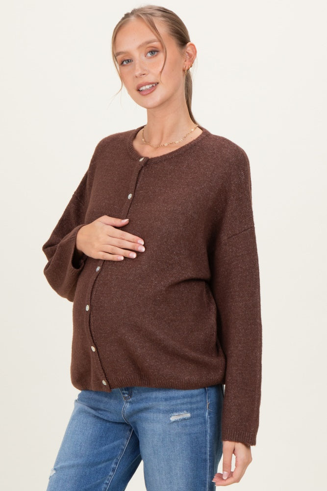 Brown Classic Crew Neck Maternity Button Cardigan