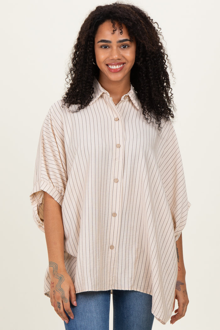 Cream/Black Striped Short Sleeve Collared Button Down Maternity Blouse