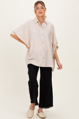 Cream/Black Striped Short Sleeve Collared Button Down Maternity Blouse