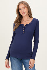 Navy Ribbed Long Sleeve Button Town Maternity Top