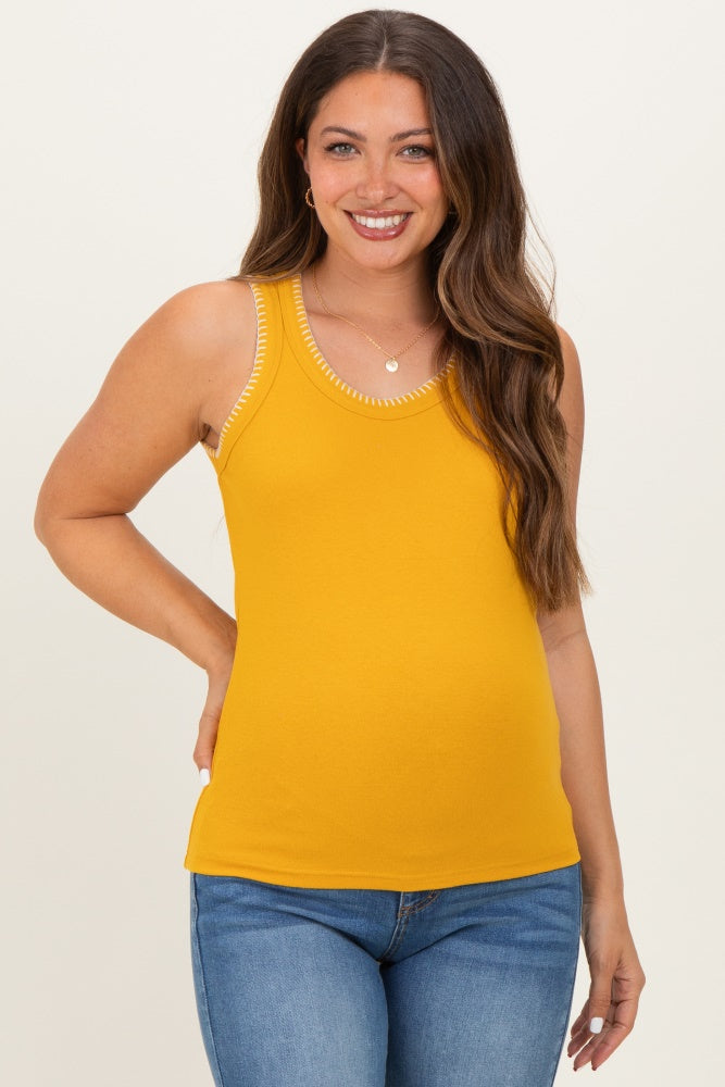 Mustard Brushed Knit Stitch Detail Maternity Tank Top