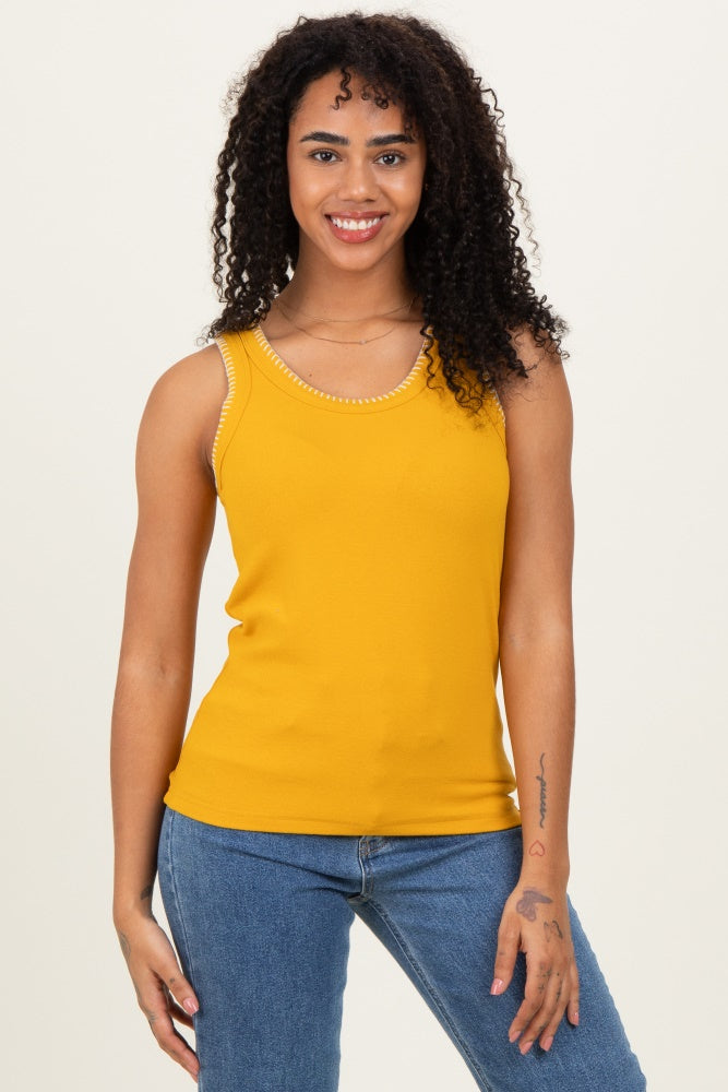 Mustard Brushed Knit Stitch Detail Tank Top