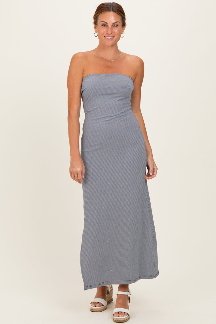 Navy Strapless Side Slit Maternity Midi Dress