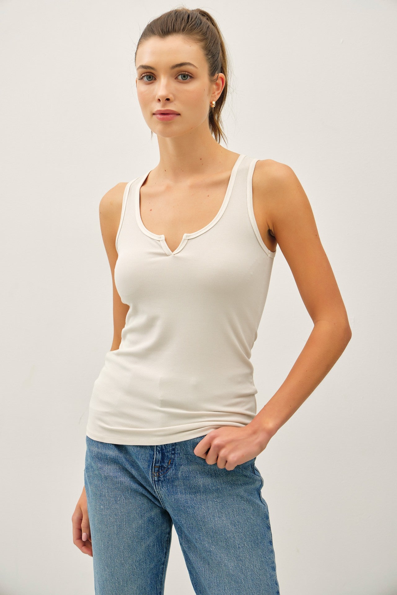 Cream Ribbed Split Neck Tank Top