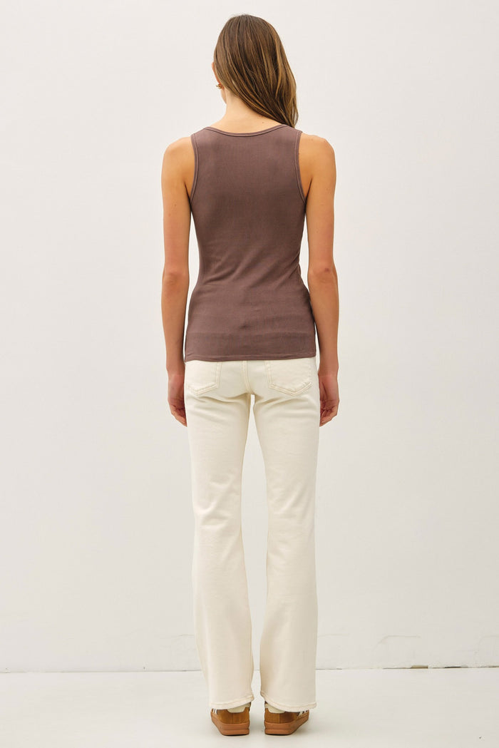 Brown Ribbed Split Neck Tank Top