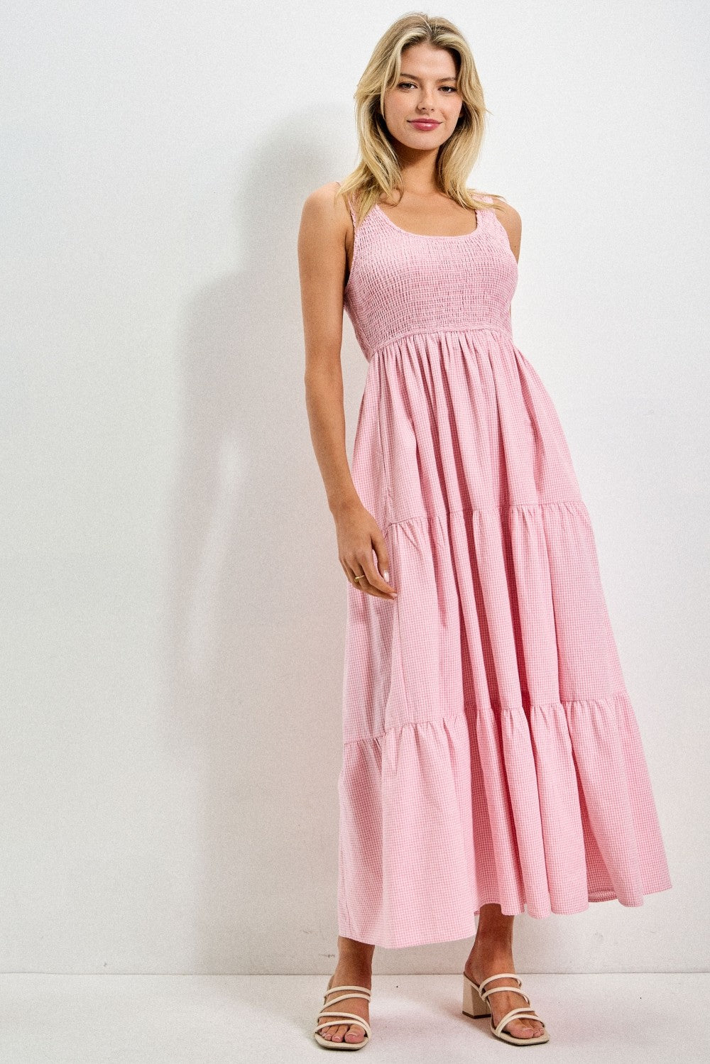 Pink Gingham Smocked Bodice Maternity Maxi Dress