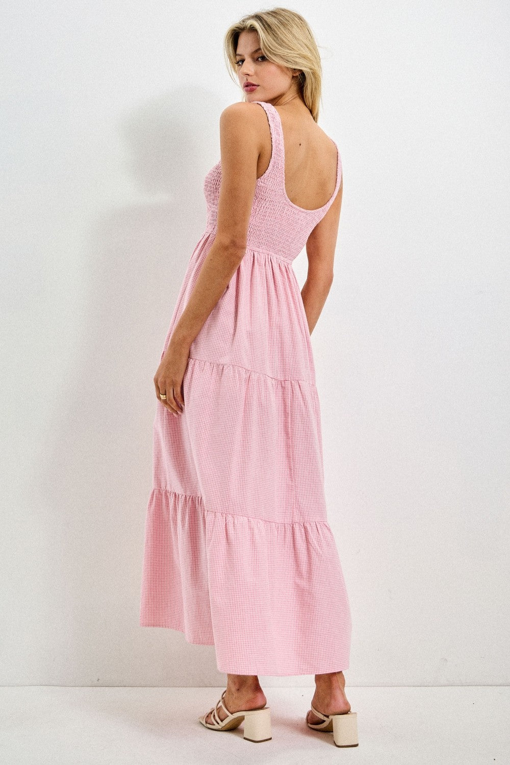 Pink Gingham Smocked Bodice Maxi Dress
