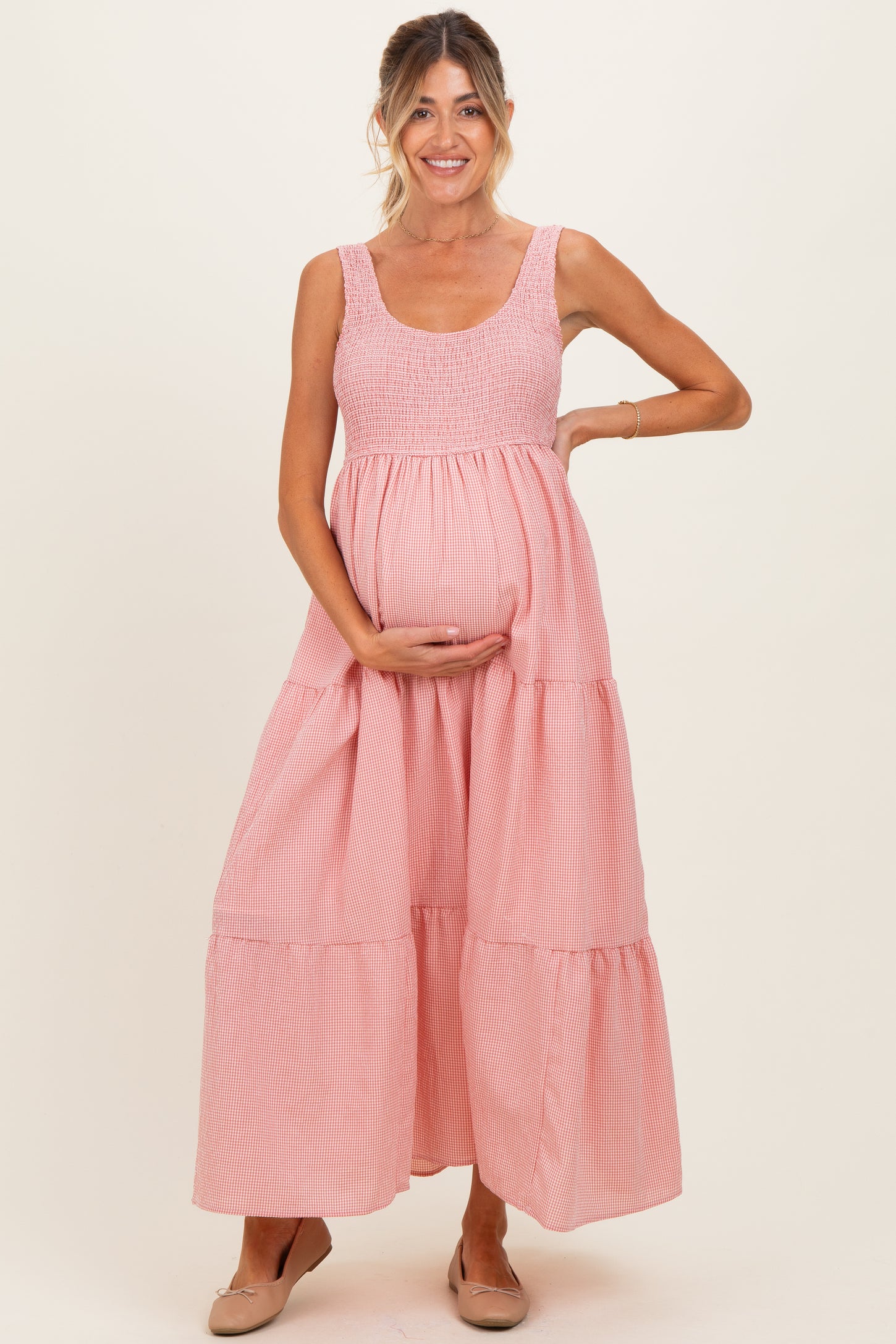 Pink Gingham Smocked Bodice Maternity Maxi Dress