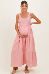Pink Gingham Smocked Bodice Maternity Maxi Dress