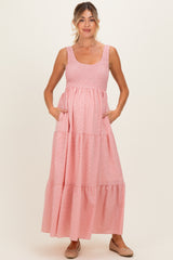 Pink Gingham Smocked Bodice Maternity Maxi Dress