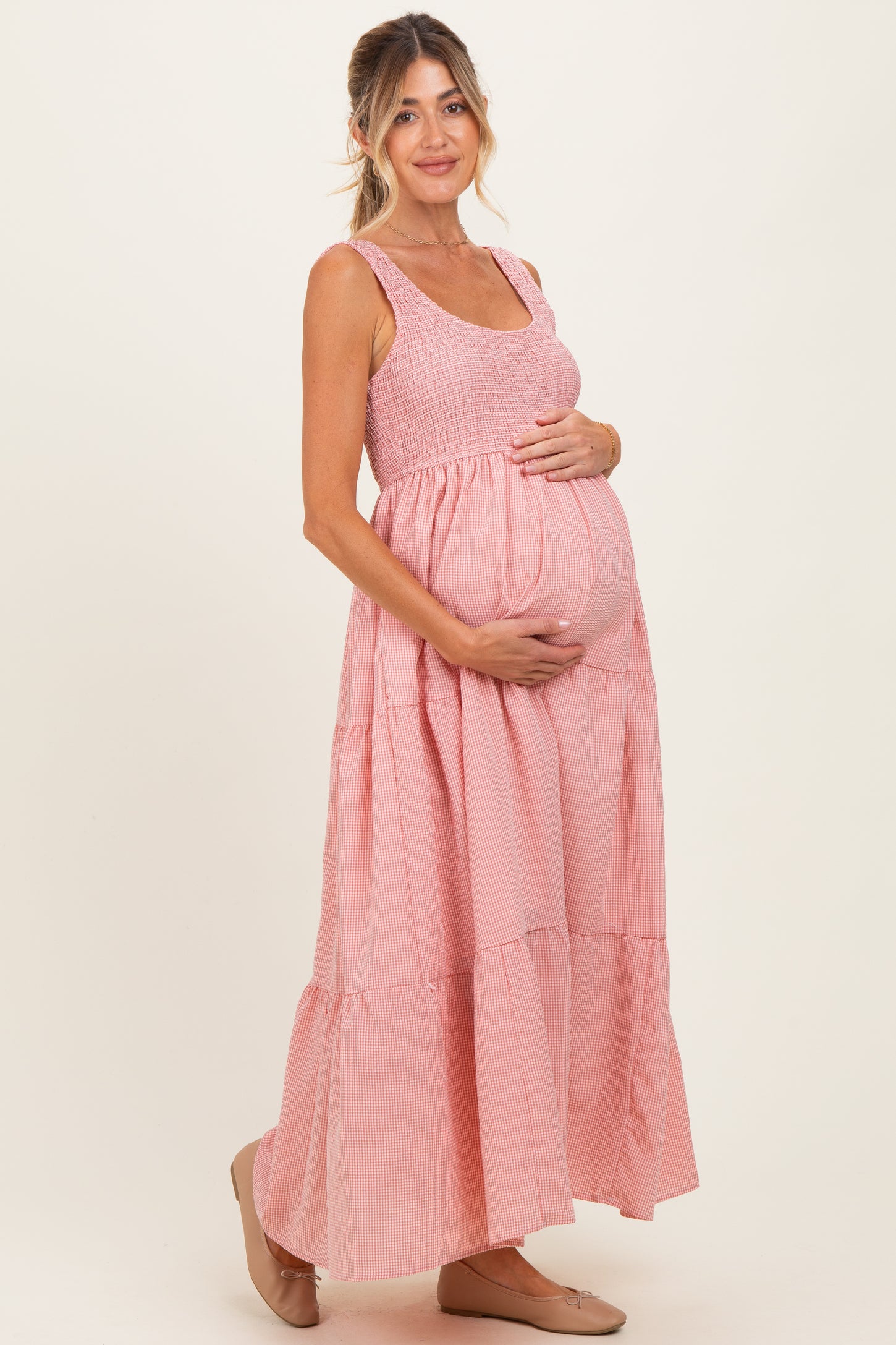 Pink Gingham Smocked Bodice Maternity Maxi Dress