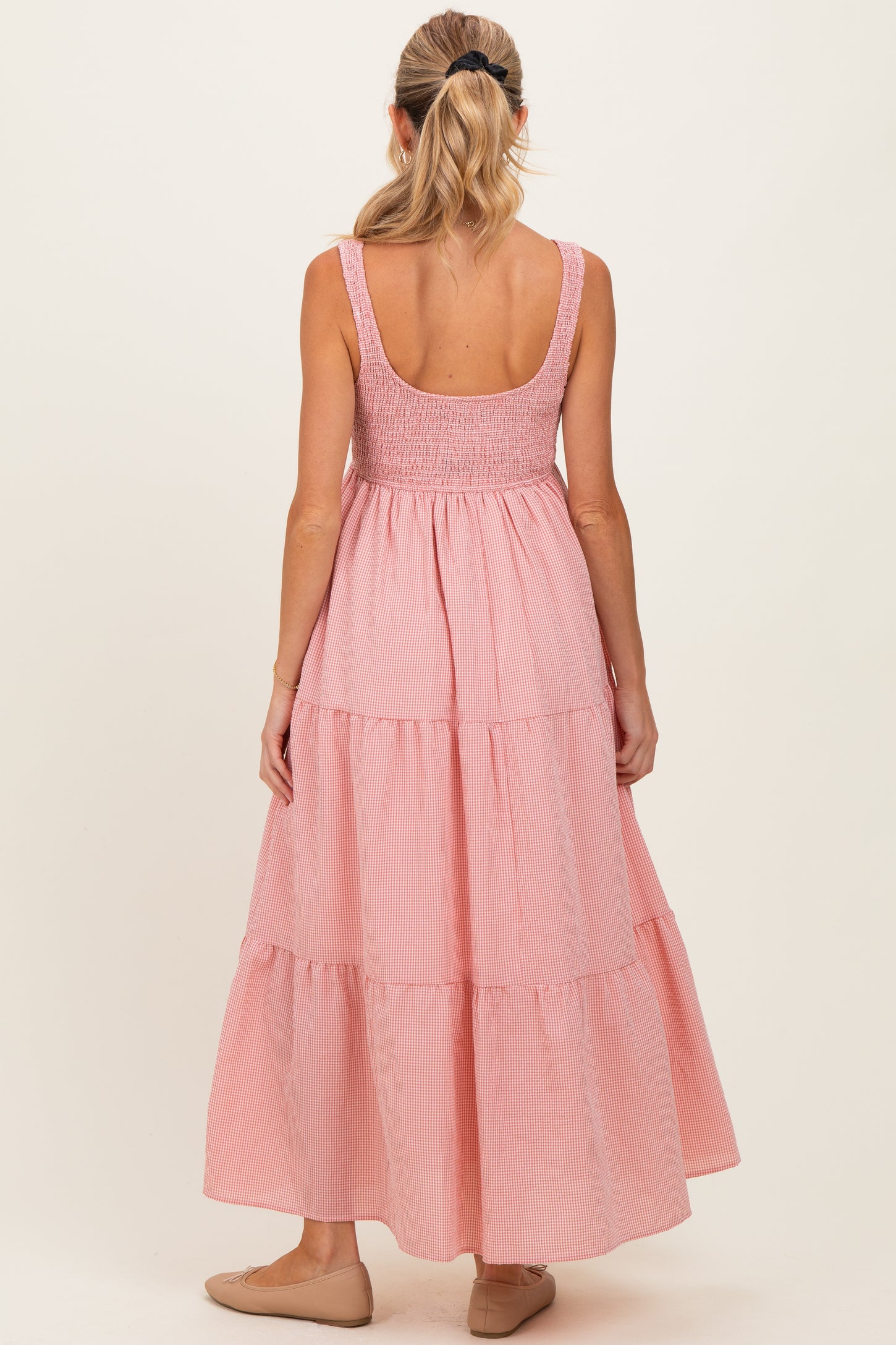Pink Gingham Smocked Bodice Maternity Maxi Dress