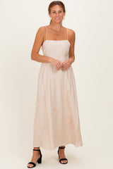 Beige Flower Embroidered Maternity Midi Dress