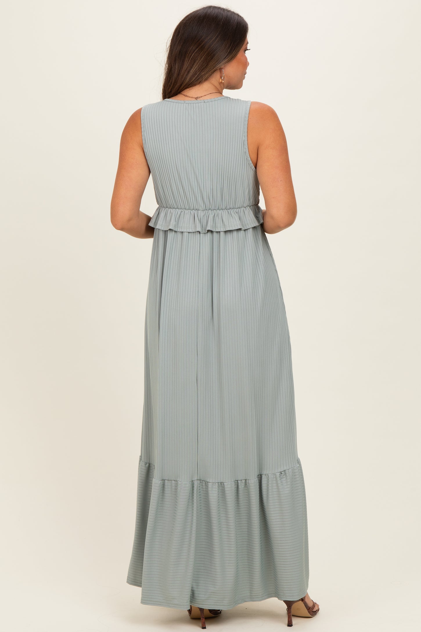 Sage Ribbed Sleeveless V-Neck Ruffle Tiered Maternity Maxi Dress