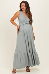 Sage Ribbed Sleeveless V-Neck Ruffle Tiered Maternity Maxi Dress