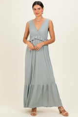 Sage Ribbed Sleeveless V-Neck Ruffle Tiered Maxi Dress