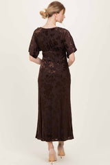 Brown Floral Velvet V-Neck Short Sleeve Maxi Dress