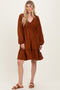 Brown Long Sleeve V-Neck Tiered Midi Dress