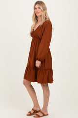 Brown Long Sleeve V-Neck Tiered Midi Dress