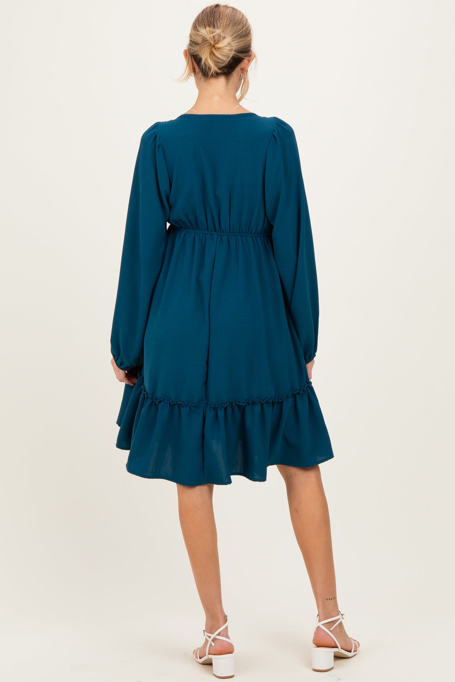 Dark Teal Long Sleeve V-Neck Tiered Maternity Midi Dress