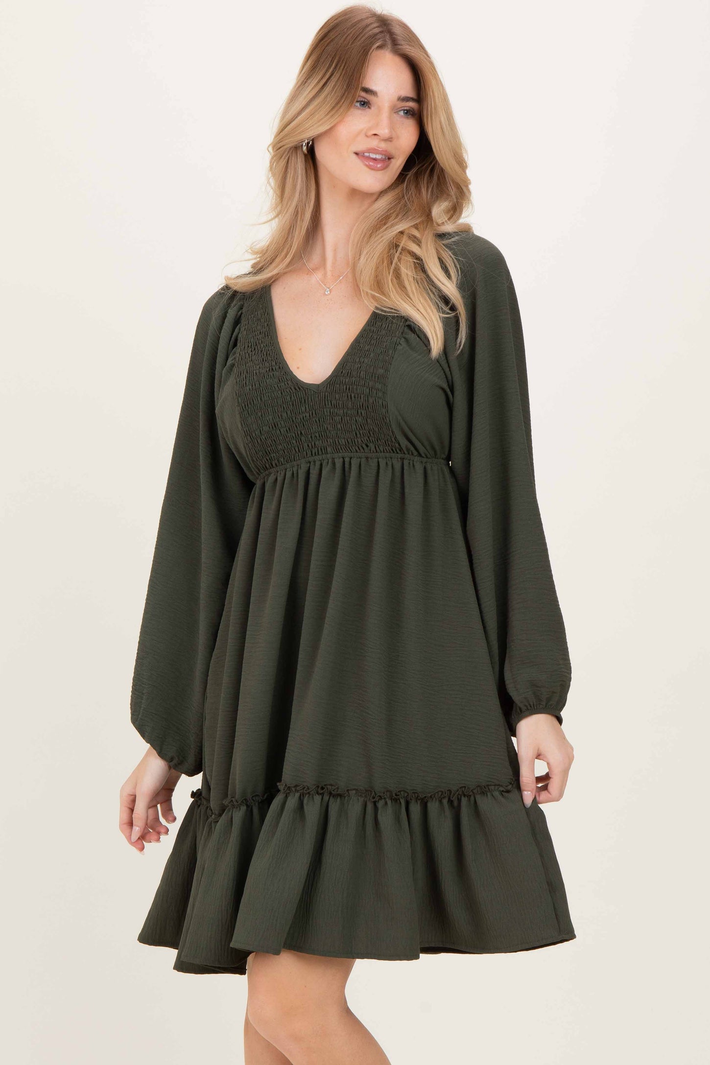 Olive Long Sleeve V-Neck Tiered Maternity Midi Dress