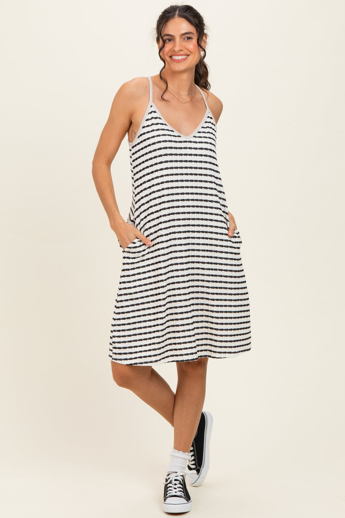 Ivory/ Black Striped Sleeveless Halter Maternity Mini Dress