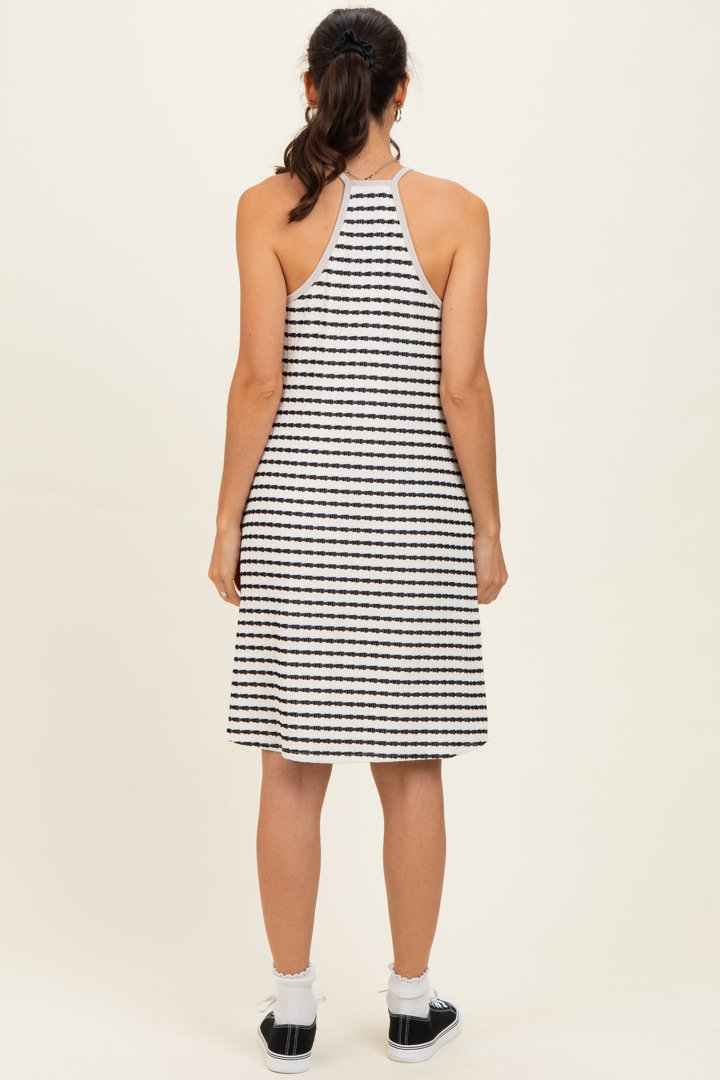 Ivory/ Black Striped Sleeveless Halter Mini Dress