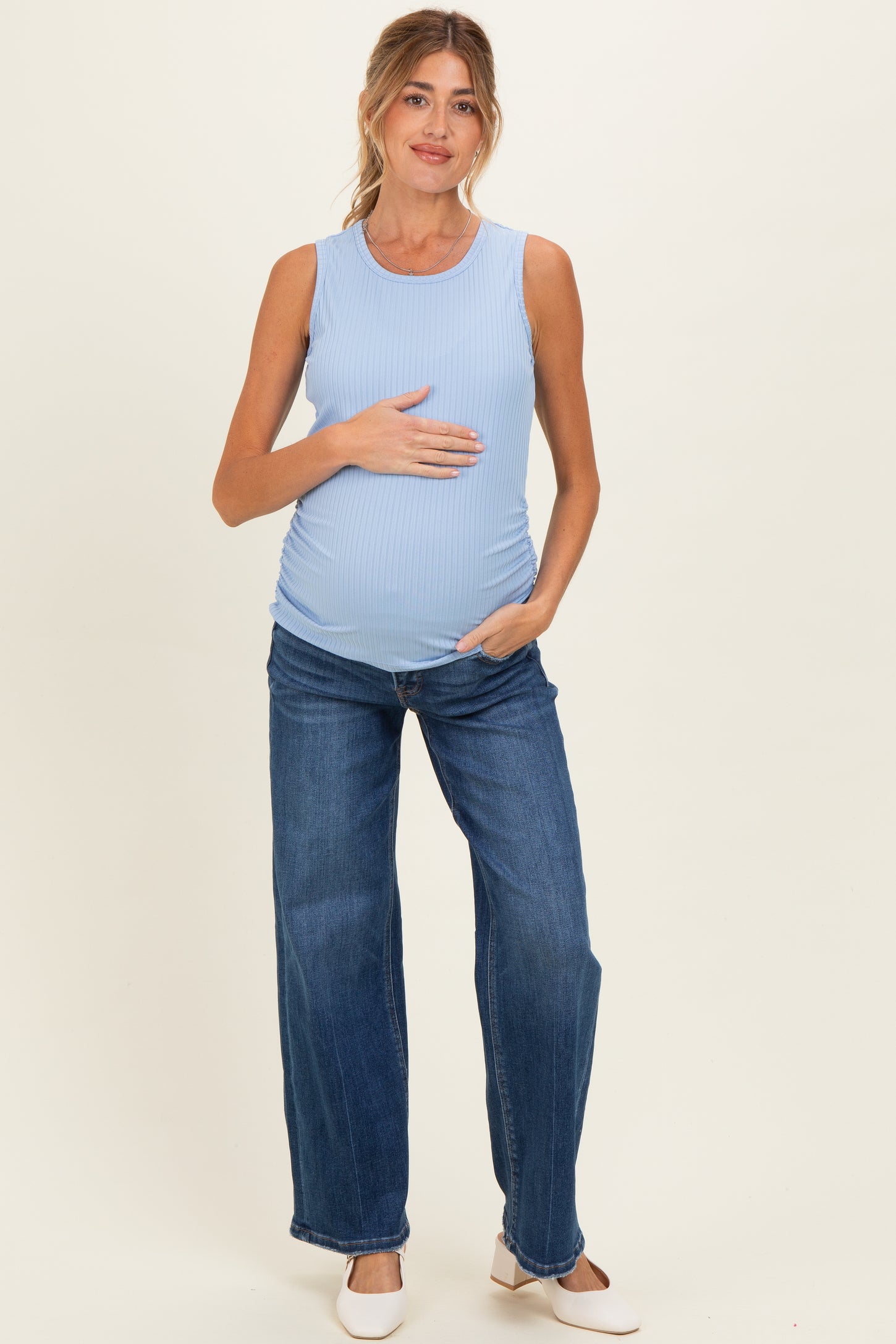 Light Blue Ribbed Sleeveless Ruched Maternity Top