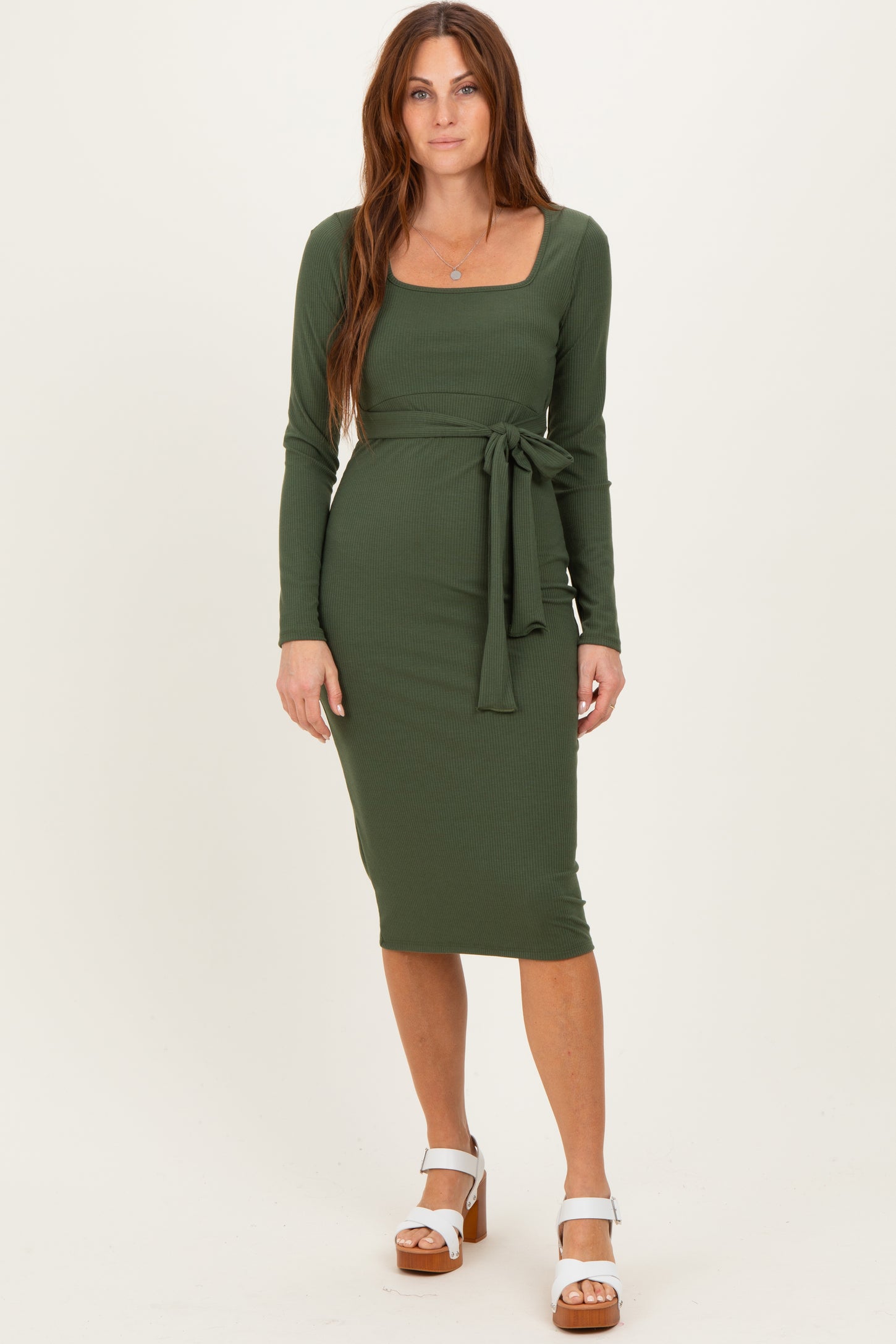 Olive Ribbed Long Sleeve Square Neck Tie Belt Midi Dress