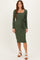 Olive Ribbed Long Sleeve Square Neck Tie Belt Midi Dress