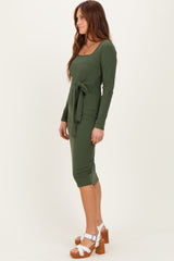 Olive Ribbed Long Sleeve Square Neck Tie Belt Midi Dress