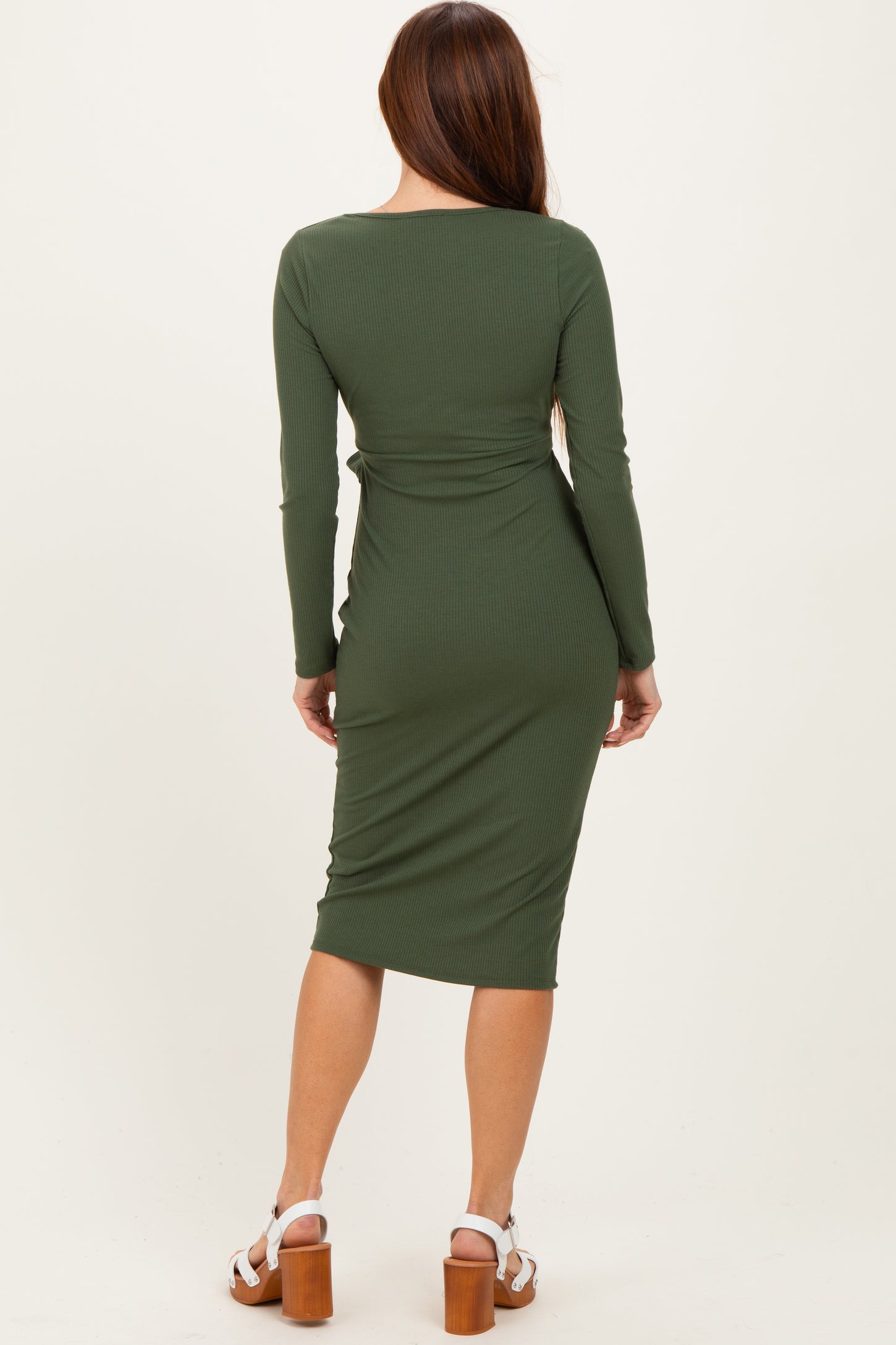 Olive Ribbed Long Sleeve Square Neck Tie Belt Midi Dress