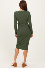 Olive Ribbed Long Sleeve Square Neck Tie Belt Midi Dress