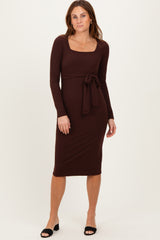 Brown Ribbed Long Sleeve Square Neck Tie Belt Midi Dress