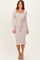 Beige Ribbed Long Sleeve Square Neck Tie Belt Midi Dress