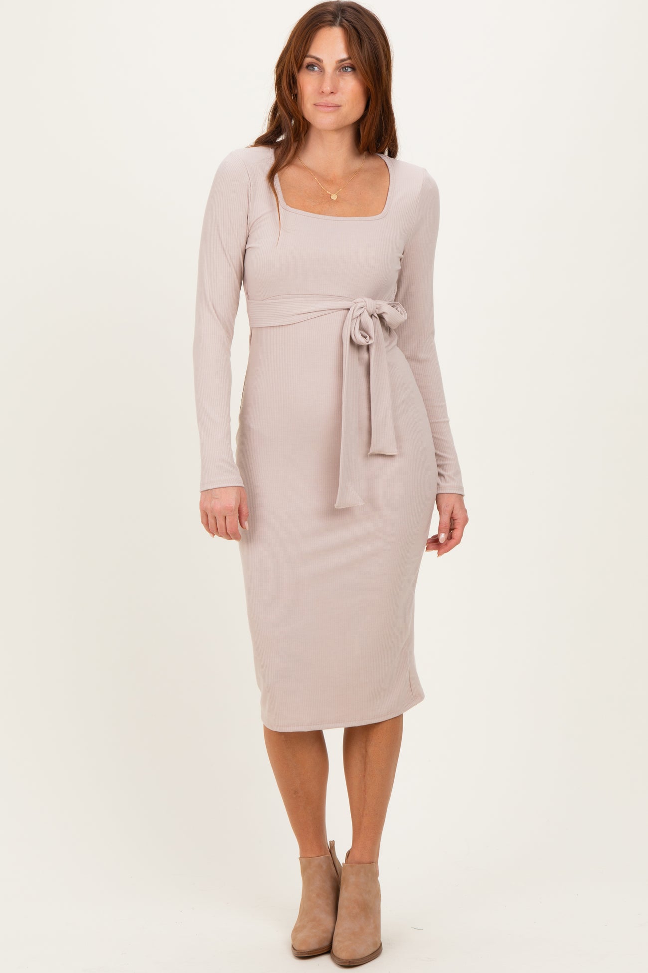 Beige Ribbed Long Sleeve Square Neck Tie Belt Maternity Midi Dress