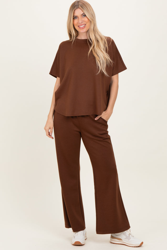 Brown Curved Hem Tee Pants Maternity Lounge Set