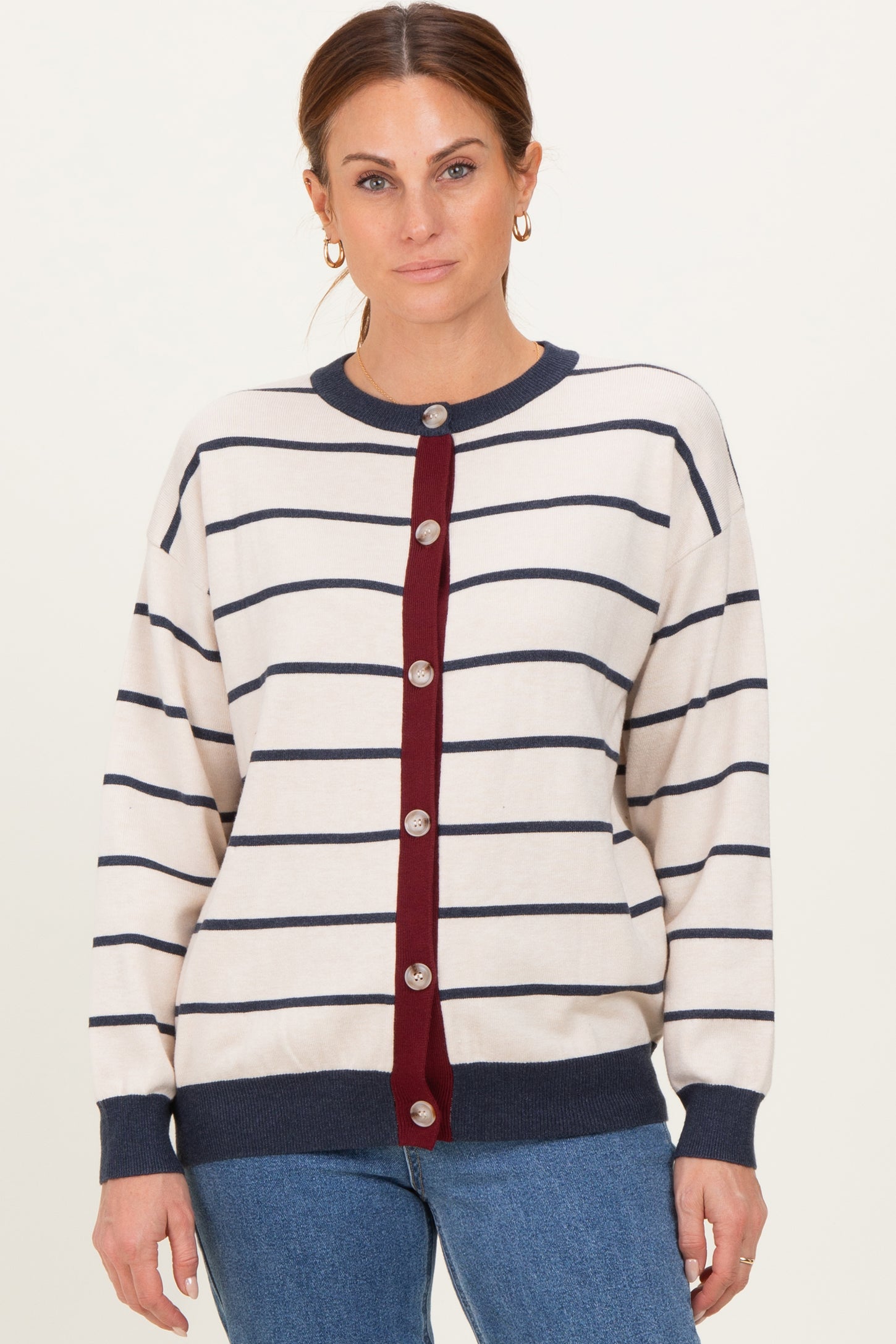 Oatmeal Striped Relaxed Fit Button Cardigan