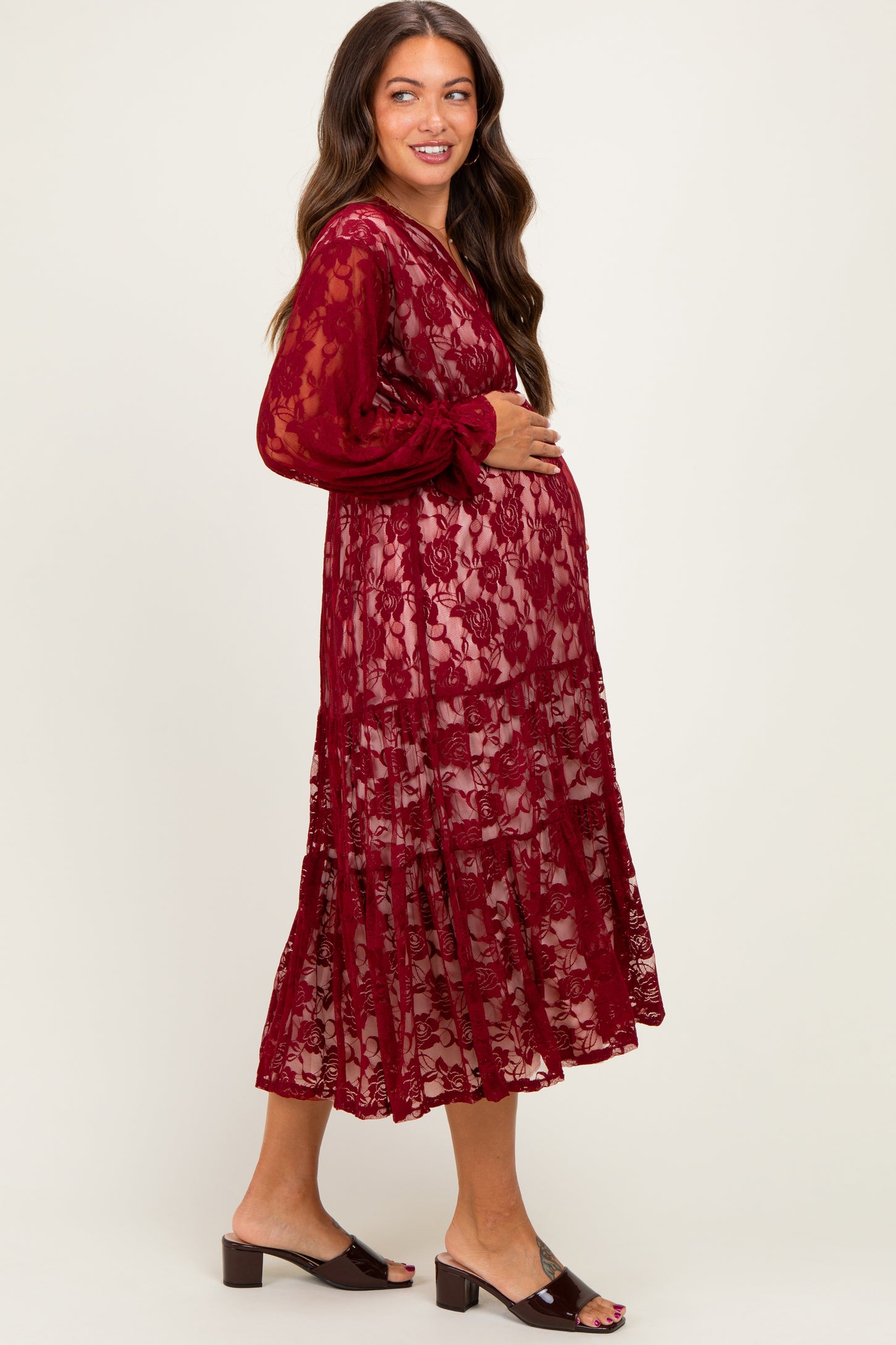 Burgundy Floral Lace Long Sleeve V-Neck Maternity Maxi Dress