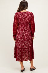 Burgundy Floral Lace Long Sleeve V-Neck Maternity Maxi Dress